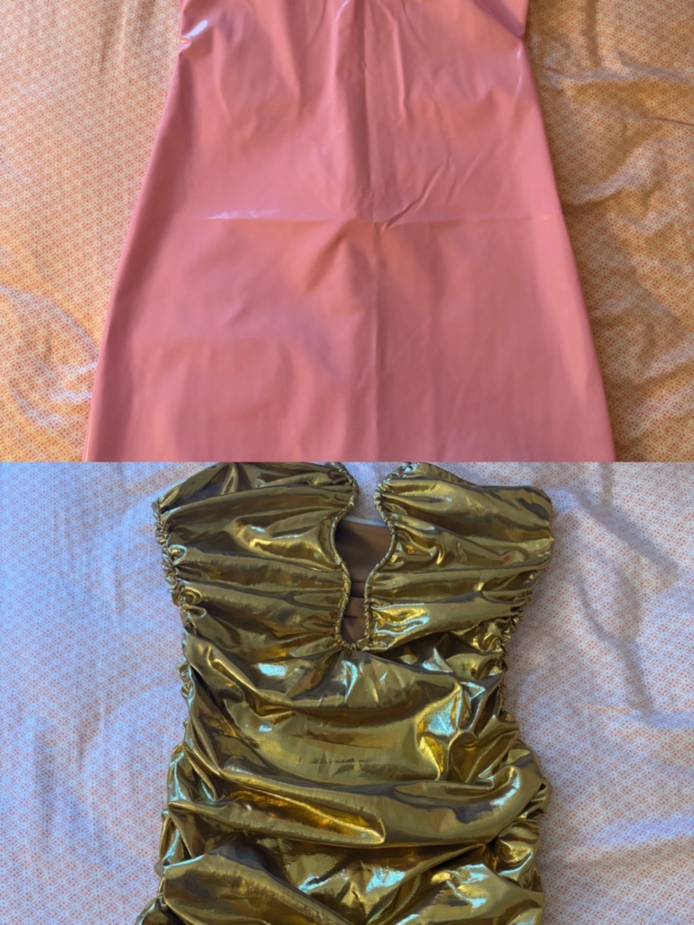 Two-Party Dresses: Pink latex mini & Metallic Gold Ruched Mini